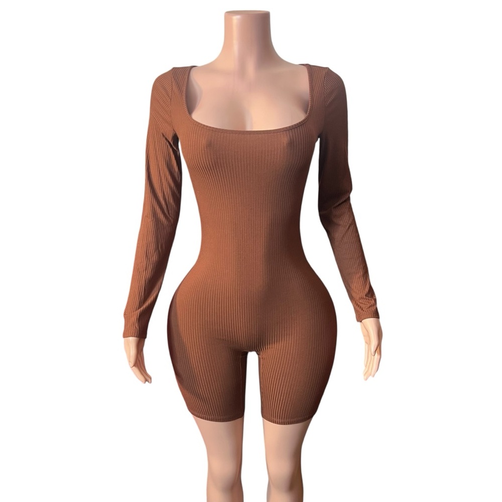 Ribbed Square Neck Long Sleeve Brown Romper